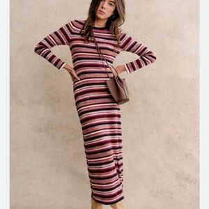 Sezane Multicolor Striped Melyna Wool Long Sleeve Dress